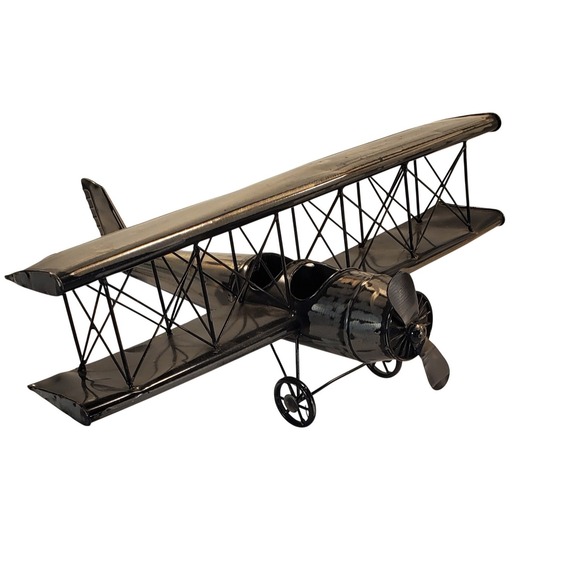 Vintage Metal Biplane Model Airplane Sculpture Black Silver Industrial Decor 22
